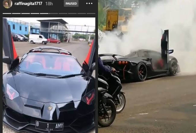 Lamborghini milik Raffi Ahmad terbakar.