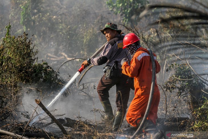 Petugas Kepolisian bersama Manggala Agni menyemprotkan air ke lahan gambut yang terbakar di Desa Parit Baru, Kampar, Riau. FOTO: Antara