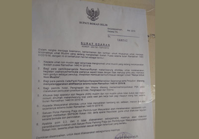 Surat edaran (SE) kepada seluruh pemilik usaha Rumah Makan (RM) maupun Warung Kopi (warkop) di Rohil.