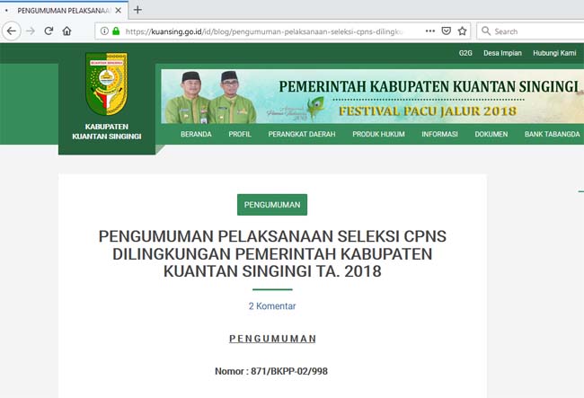 Screenshoot laman yang membuat informasi pengumuman penerimaan CPNS Kuansing 2018.