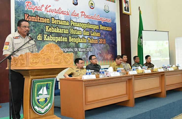 Sambutan Kepala BPBD Bengkalis H Jaafar Arief pada Rakor dan Penandatanganan Komitmen Bersama Penanggulanan Karhutla di Lantai IV Kantor Bupati Bengkalis.