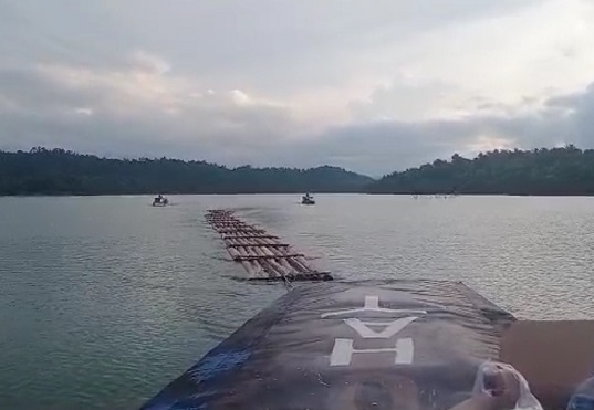 Ratusan tual kayu yang diduga hasil illegal logging di aliran Sungai Gulamo, Kabupaten Kampar, Riau. 