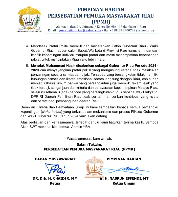 Dalam surat pernyataannya, FKPMR dan PPMR secara tegas menolak pencalonan M Nasir sebagai calon Gubernur Riau (Cagubri) periode 2024-2029.