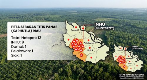 Sebaran titik panas di Sumatera dan Riau sore ini.(infografis/halloriau.com)