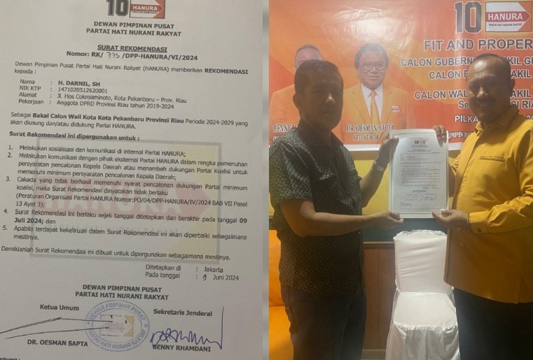 Surat Rekomendasi DPP Hanura, buat Darnil mantap menuju Pilkada Pekanbaru 2024 (foto/ist)