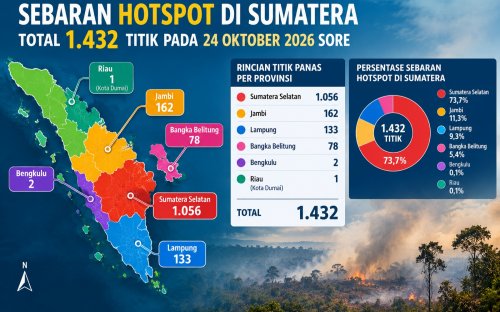 Sebaran titik panas di Sumatera dan Riau sore ini.(infografis/halloriau.com)