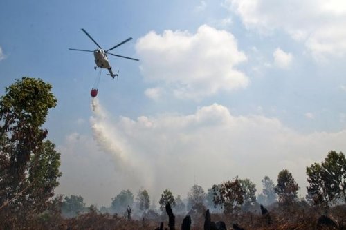 Helikopter water bombing padamkan karhutla di Pelalawan.(ilustrasi/int)