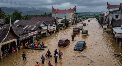 Banjir rendam Kota Padang, Sumbar.(ilustrasi/gemini AI/halloriau.com)