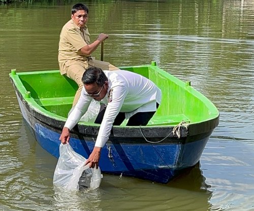 Bupati Zukri restocking 30 ribu bibit ikan patin, di kolam samping PUPR Pelalawan (foto/Andy)