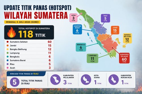 Sebaran titik panas di Sumatera dan Riau sore ini.(infografis/halloriau.com)