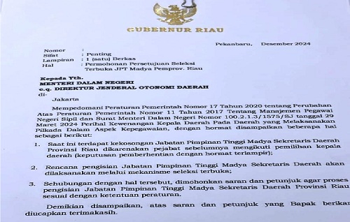 Surat Usulan Pengisian Jabatan Sekdaprov.(foto: sri/halloriau.com)