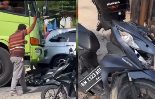 Motor matic dilindas truk Fuso yang masuk ke Jalan Arengka, Pekanbaru (foto/IG Pekanbaruviral)