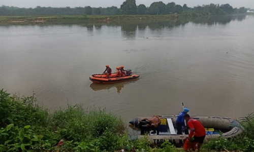 Proses pencarian mahasiswa PCR yang hanyut di sungai Kampar kawasan Pulau Cinta Minggu pagi.(foto: bayu/halloriau.com)