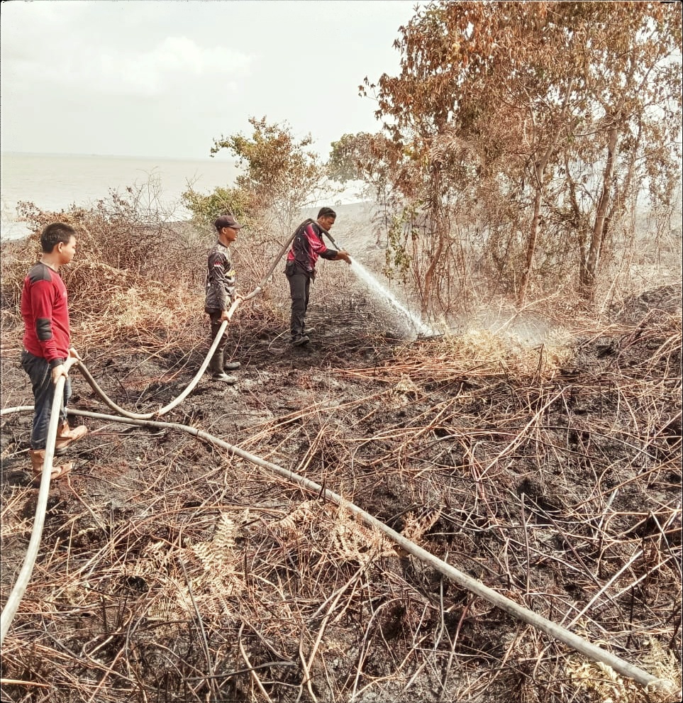 Tim pemadaman kebakaran gabungan melakukan pendinginan di Tanjung Kelemin