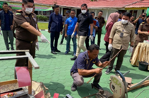 Kegiatan pemusnahan barang bukti di Kejari Pelalawan.(foto: andi/halloriau.com)