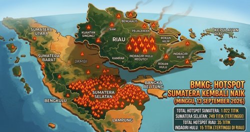Sebaran titik panas di Sumatera dan Riau sore ini.(infografis/AI/halloriau.com)