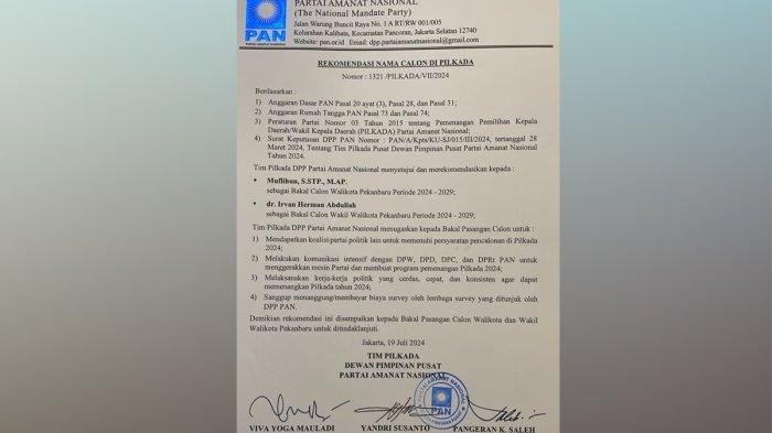 Surat rekomendasi pasangan Muflihun-Irvan Herman untuk Pilkada Pekanbaru 2024 dari PAN.(foto: tribunpekanbaru.com)