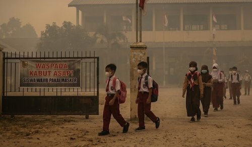 Kabut asap ganggu aktivitas belajar di Pekanbaru.(ilustrasi/AI/halloriau.com)