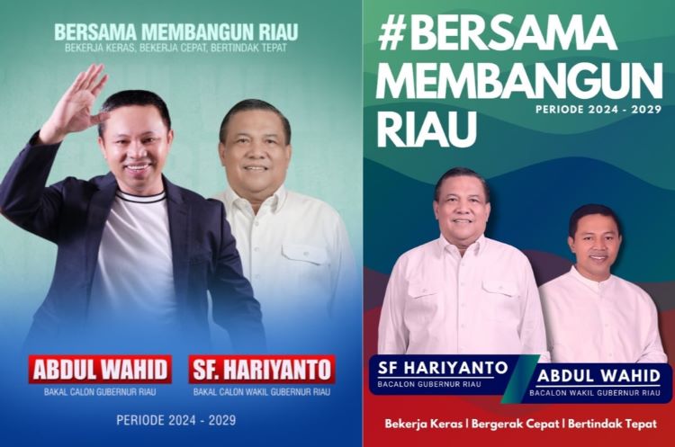 Dua versi baliho Abdul Wahid dan SF Hariyanto yang memiliki posisi berbeda. Perbedaan ini munculkan isu bahwa keduanya masih belum capai kata sepakat meski sudah kantongi SK parpol. (foto:istimewa)