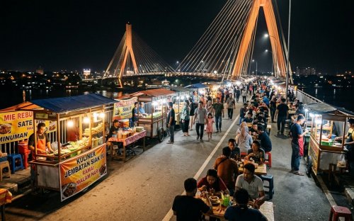 Jembatan Siak IV jadi lokasi wisata kuliner.(ilustrasi/AI/halloriau.com)