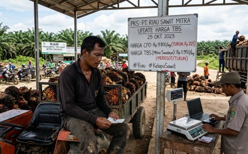 Harga TBS sawit mitra swadaya di Riau merosot.(ilustrasi/AI/halloriau.com)