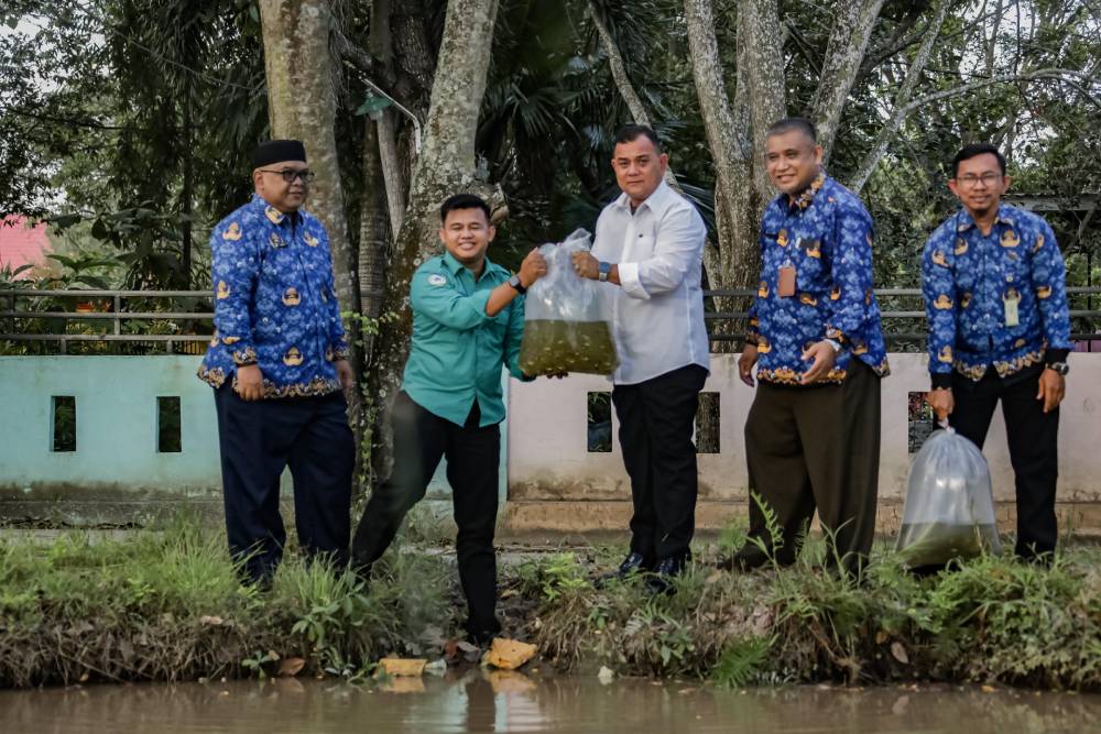 Pjs Wako Dumai, TR Fahsul tabur 8 ribu bibit ikan untuk ketahanan pangan di embung pelataran Kompleks Pemko Dumai, Jalan Putri Tujuh (foto/bambang)