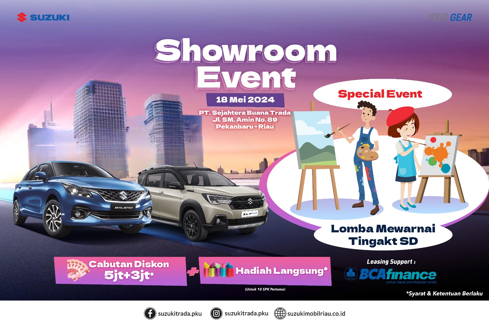 Berlaku hanya hari ini, dapatkan diskon hingga total Rp8 juta dan hadiah langsung di Showroom Suzuki SM Amin Pekanbaru