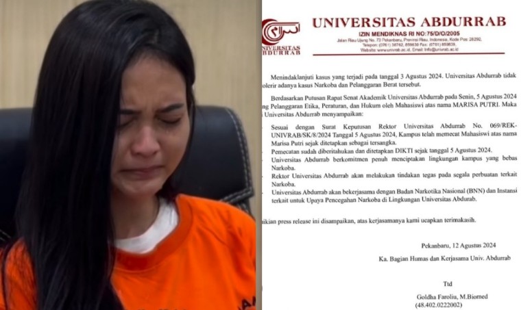 Universitas Abdurrab umumkan pemecatan mahasiswi bernama Marisa Putri, yang terlibat dalam kasus narkoba (foto/ist)