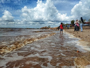 Pengunjung bermain di Pantai Pasir Pak Koneng di Dumai (foto/ist)