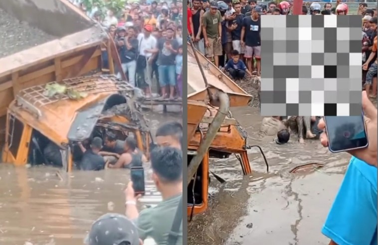 Dibantu alat berat, warga berhasil evakuasi sopir truk Fuso di Jalan Riau ujung (foto/ist)