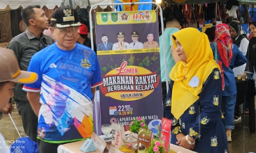 Bupati Inhil, HM Wardan saat meninjau lomba makanan rakyat berbahan kelapa yang ditaja Diskop-UKM Inhil dalam rangka HPN Riau 2023.(foto: istimewa)