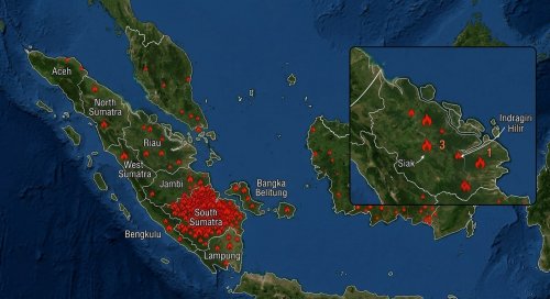 Sebaran titik panas di Sumatera dan Riau pagi ini.(infografis/gemini AI/halloriau.com)
