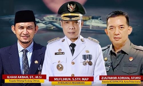 Pj Walikota Pekanbaru, Muflihun, Kaban Kesbangpol Pekanbaru, Zulfahmi Adrian dan Kabid Kesbag Ormas, Ilham Akbar.(foto: bayu/halloriau.com)