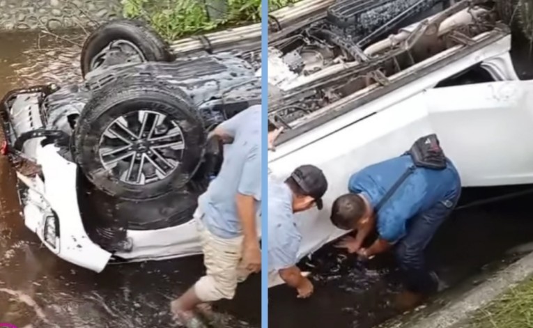 Mobil Pajero terbalik masuk parit di Jaln Parit Indah, Pekanbaru (foto/IG viralpekanbaru)