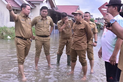 Wabup Pelalawan, Husni Tamrin meninjau lokasi banjir di Pangkalan Kerinci. (Foto: Andy Indrayanto)