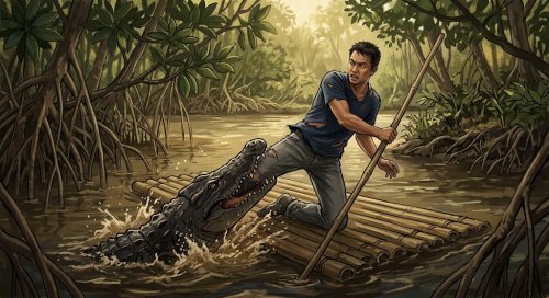 Buaya serang warga Pulau Merbau, Meranti.(ilustrasi/AI/halloriau.com)