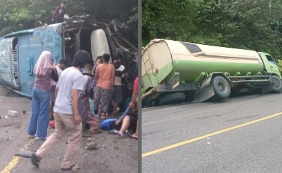 Bus yang membawa rombongan dari Pekanbaru terbalik di Padang Panjang (foto/ist)