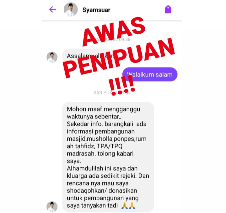 Akun Facebook yang mengatasnamakan Syamsuar diduga melakukan penipuan (foto:ist) 