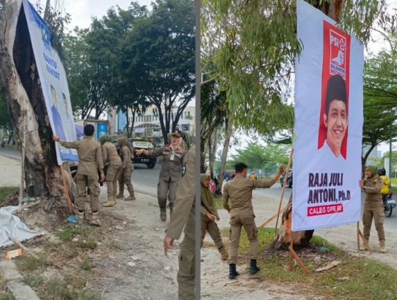 Satpol PP menertibkan APK yang dipaku di pohon-pohon lindung Kota Pekanbaru (foto/rahmat)