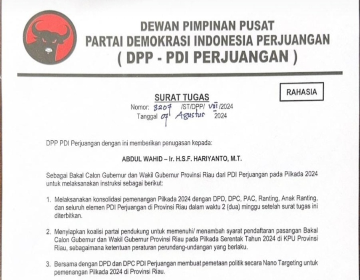 Sura tugas dari DPP PDIP untuk Abdul Wahid-SF Hariyanto (foto:istimewa) 