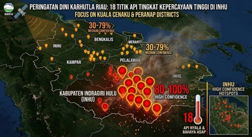 Sebaran titik panas dengan level confidence tinggi di Riau sore ini.(infografis/AI/halloriau.com)