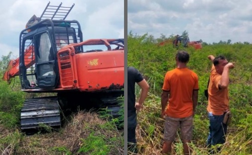 Alat berat dan operatornya ditangkap polisi di hutan di Kepenghuluan Sekeladi, Rohil (foto/zal)