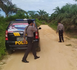 Personel Polsek Seberida patroli di kebun sawit, cegah aksi pencurian buah (foto/Andri)