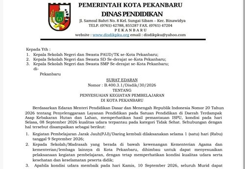 Surat edaran Plt Kepala Dinas Pendidikan Kota Pekanbaru, Abdul Jamal perpanjang belajar daring akibat kabut asap (foto/ist) 