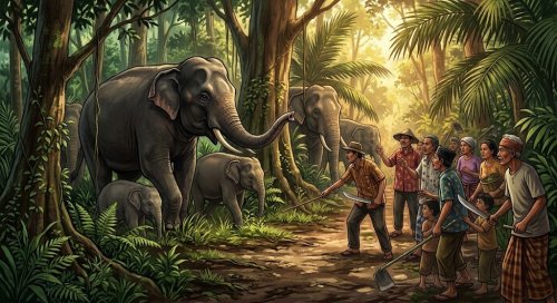 Warga Bengkalis usir mandiri sekawanan gajah liar berujung fatal.(ilustrasi/AI/halloriau.com)