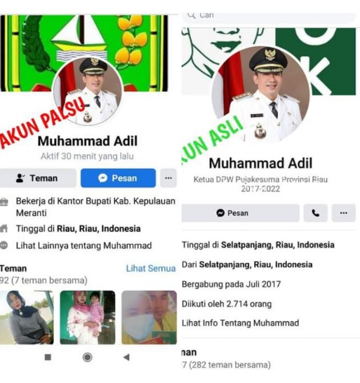 Akun Facebook asli dan palsu Bupati Kepulauan Meranti, jika dilihat secara sepintas mirip dan tidak ada perbedaan