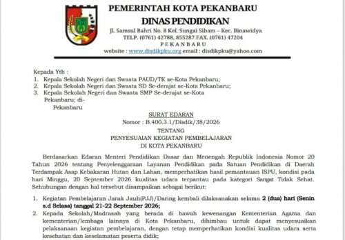 Surat edaran Disdik Pekanbaru yang kembali memperpanjang pelaksanaan PJJ bagi peserta didik PAUD, TK, SD, dan SMP sederajat (foto/ist)