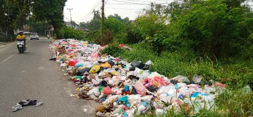 Tumpukan sampah meluber hingga ke badan jalan di Jalan Singgalang Pekanbaru karena sudah berhari-hari tak diangkut operator sampah pemenang lelang.(foto: dok/halloriau.com)