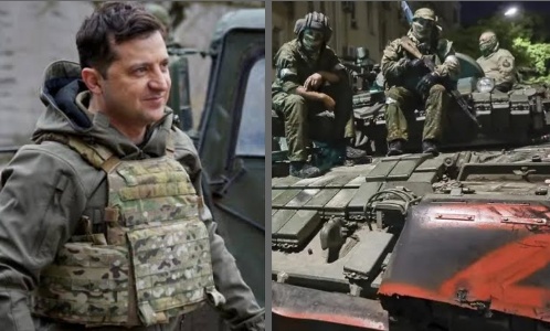 Presiden Ukraina, Volodymyr Zelensky (kiri) tanggapi pemberontakan pasukan Wagner terhadap Rusia (foto/int)