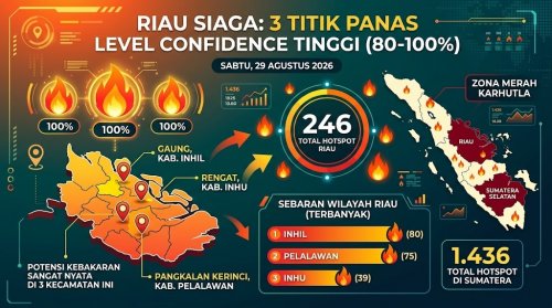 Tiga titik panas di Riau berada di level confidence tinggi.(infografis/AI/halloriau.com)